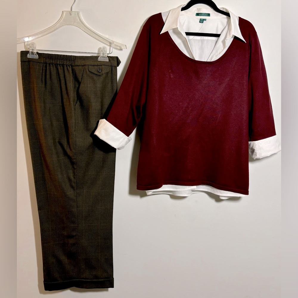LAUREN by RALPH LAUREN Olive Maroon & Black Plaid Lined Trousers with Pockets